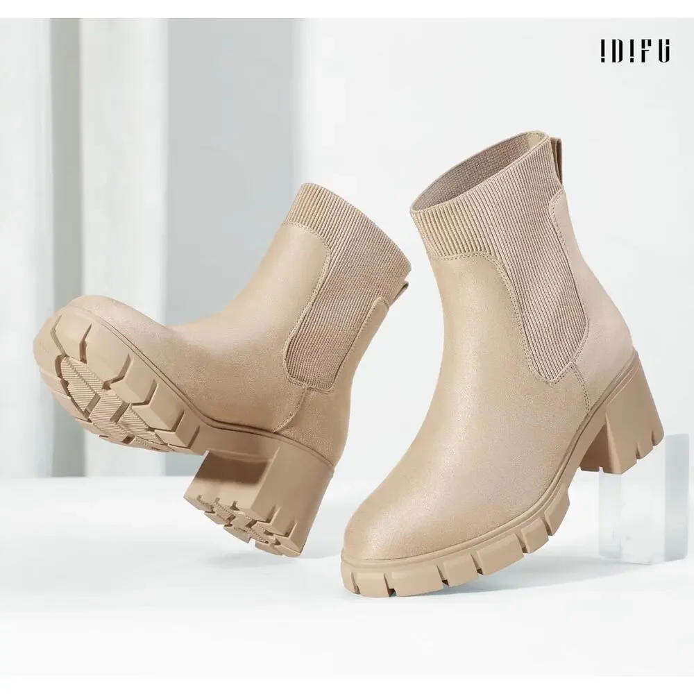 IDIFU Women's Nude Chelsea Slip On Platform Ankle Boots with Chunky Block Heel
